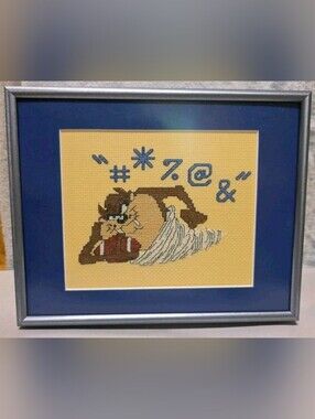 Looney Tunes Taz Tasmanian Devil Cross-Stitch Framed 8 Inch × 10 Inch